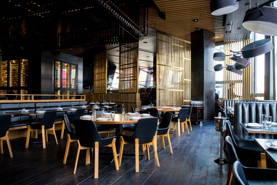 The hotel restaurant, laid for service.