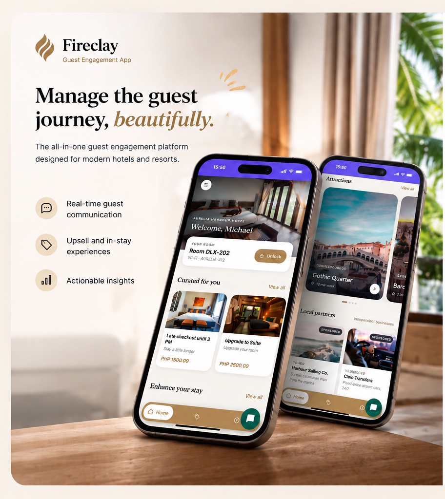 Fireclay Guest Engagement App. Manage the guest journey, beautifully. The
              all-in-one guest engagement platform designed for modern hotels and resorts:
              real-time guest communication, upsell and in-stay experiences, actionable
              insights.