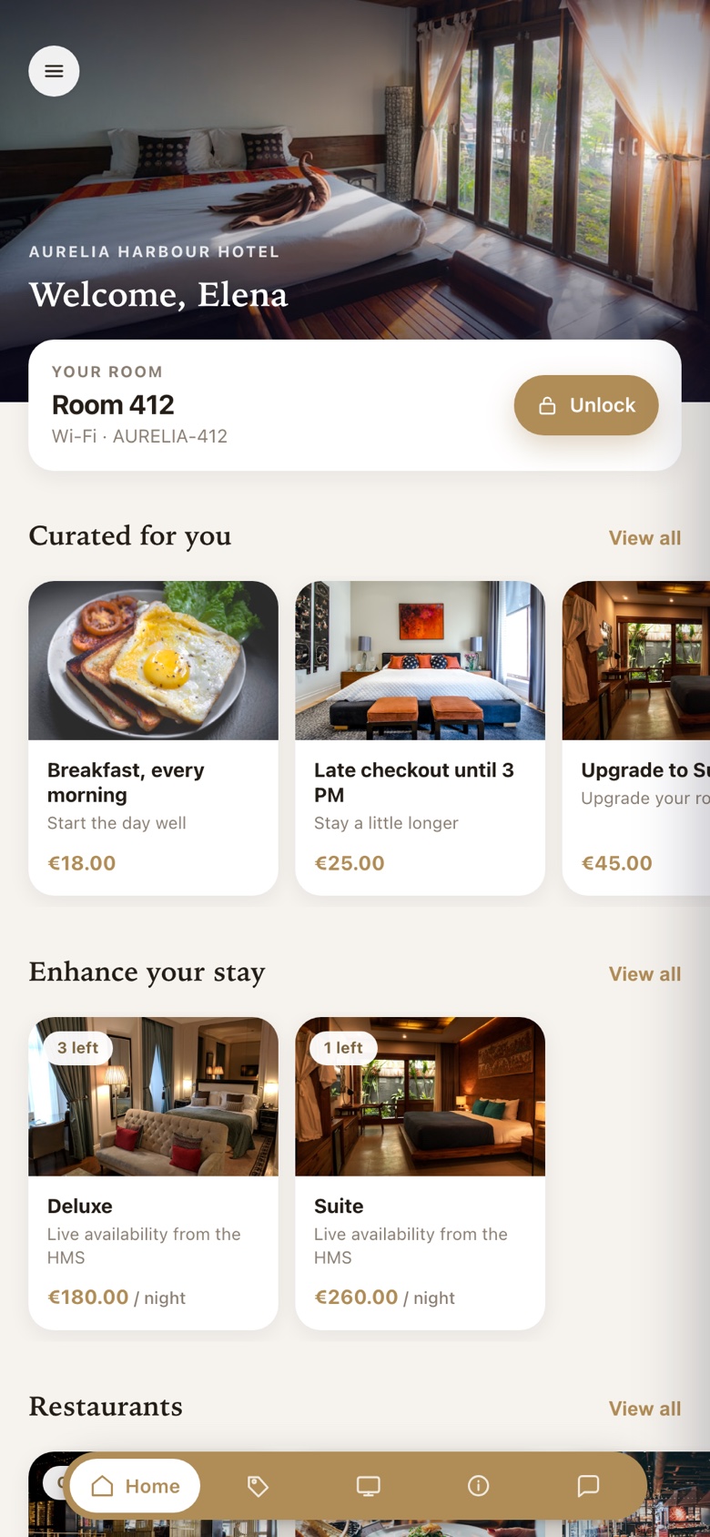 The guest app in a stay: the room key, the Wi-Fi and the hotel’s own offers.