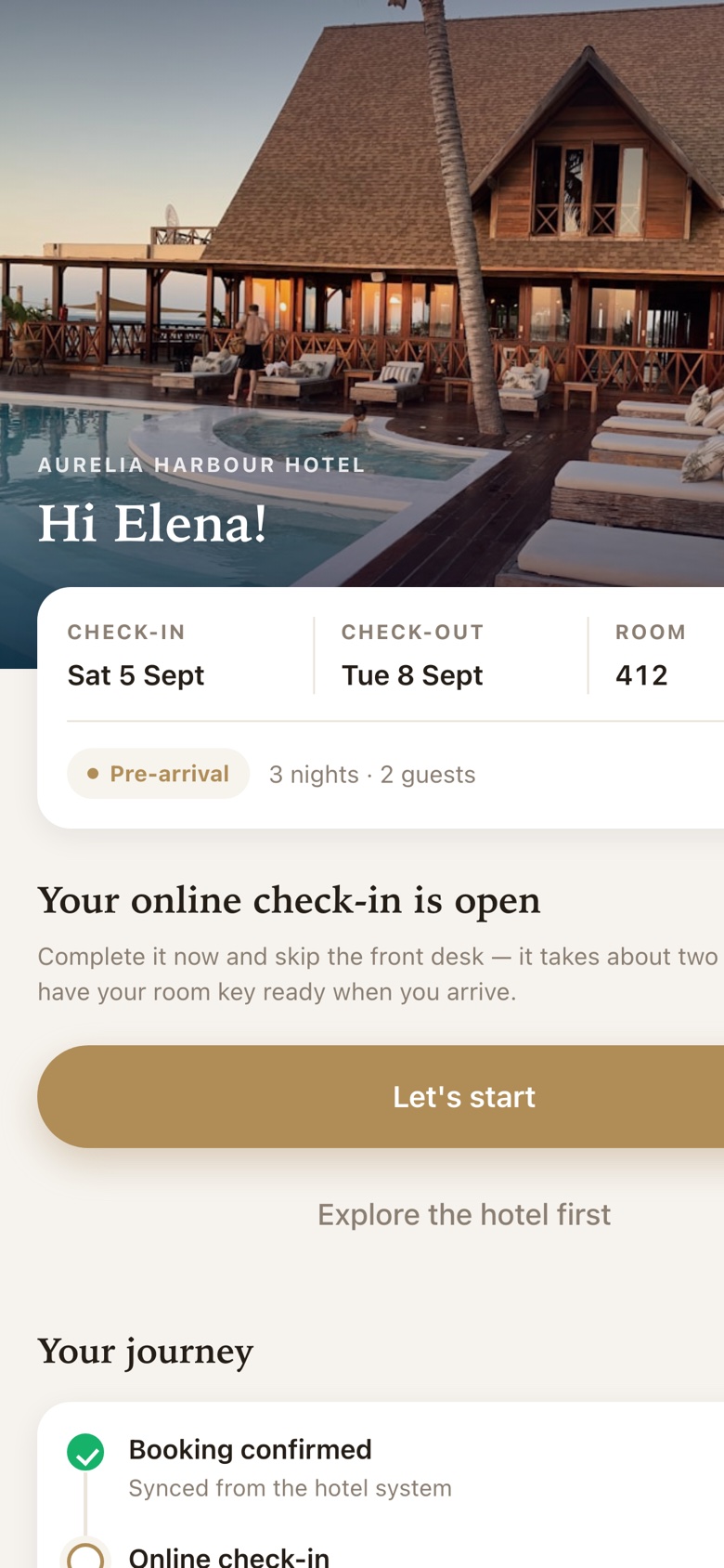 The guest app showing an open online check-in for a stay arriving Saturday.